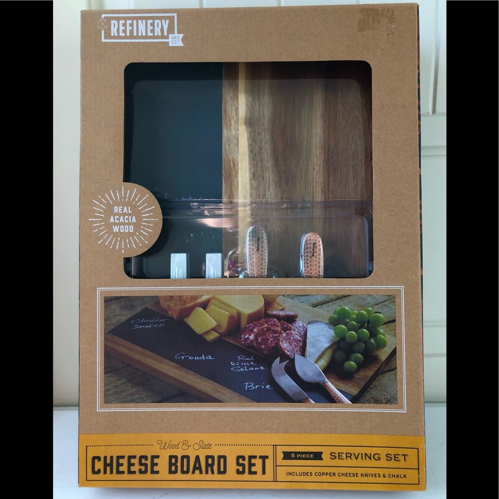 NEW Acacia Wood & Slate Cheese Charcuterie Board Serving Set